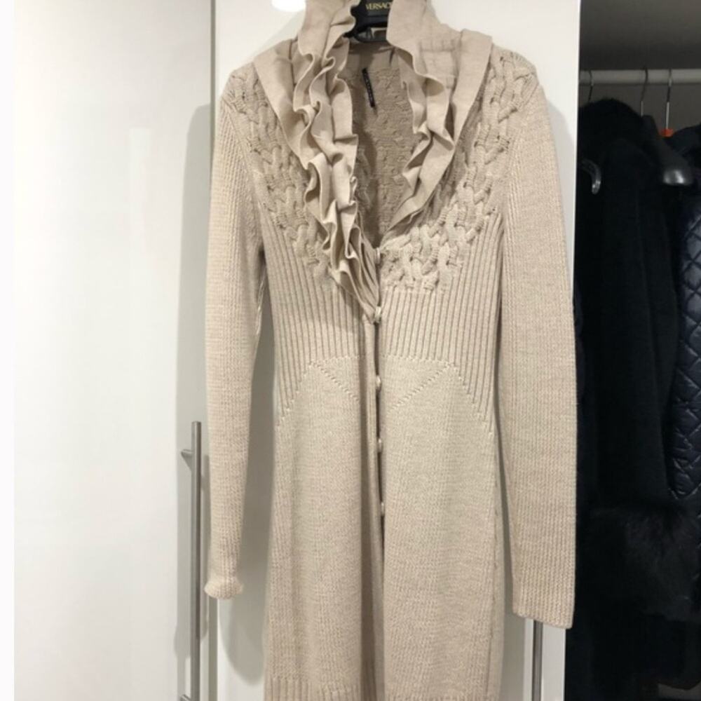 Elie Tahari Cream Ruffled Cardigan 100% Merino Wool Size S